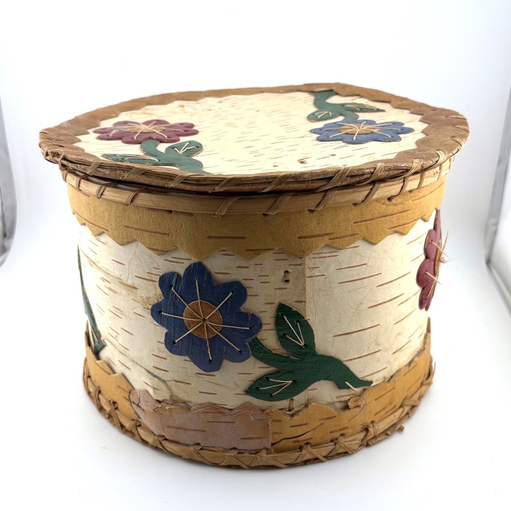 Vintage Handcrafted Birch Bark Floral Applique Storage Box with Lid Rustic Folk